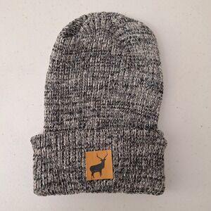 Gray‎ Knit Beanie Hat with Deer Patch Winter Warm Cuffed Cap